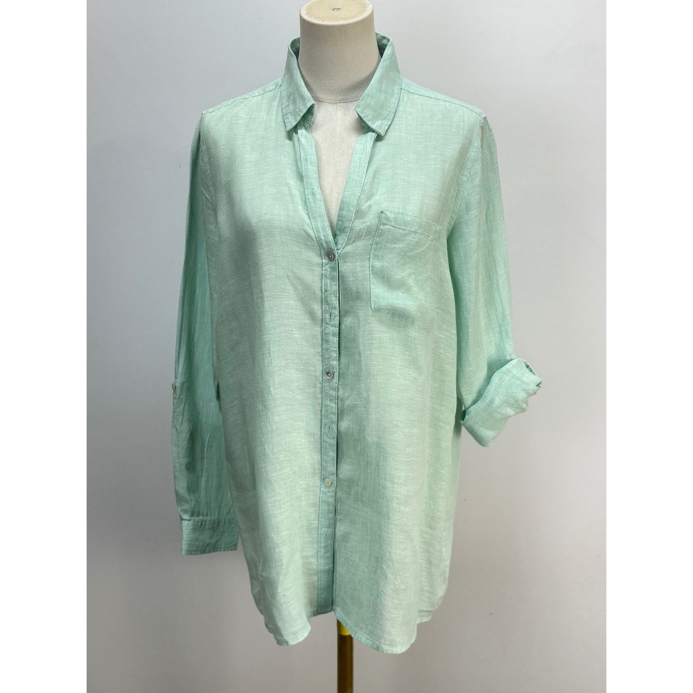 Sigrid Olsen Mint Green Linen Button Down Shirt Tunic Roll Tab Sleeve Women S